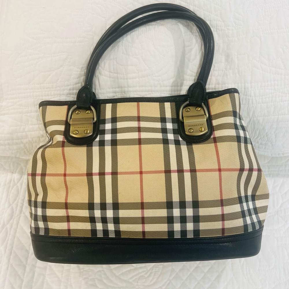 Burberry Beige Check Canvas Tote with Black Leather Trim and Gold Hardware